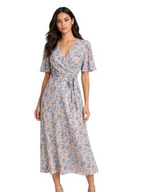 Ralph Lauren Black Label Georgette Floral Faux Wrap Midi Dress Size 10